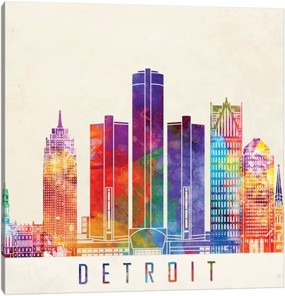 Detroit Landmarks Watercolor Poster Canvas Art Print - Detroit Skylines
