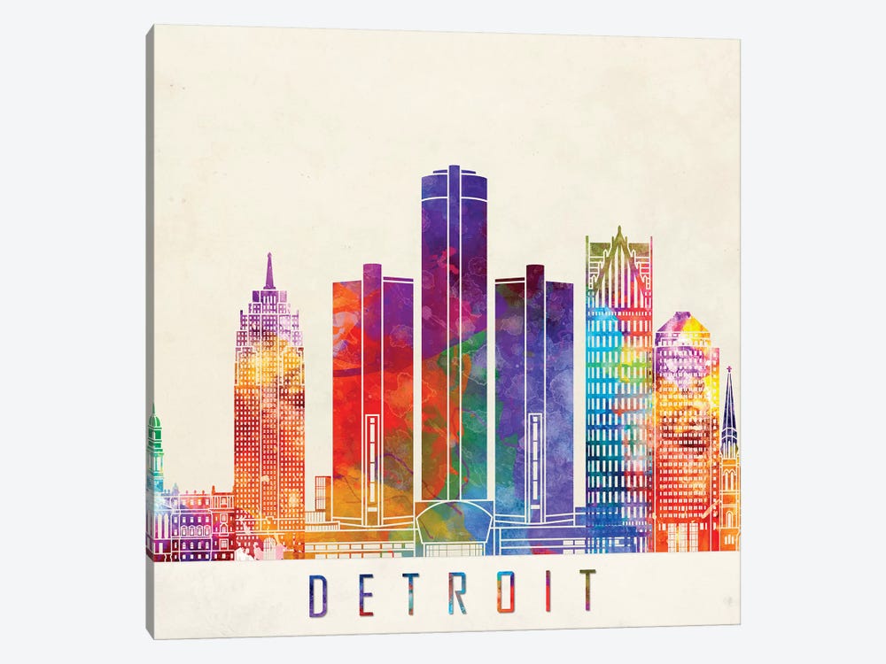 Detroit Landmarks Watercolor Poster by Paul Rommer 1-piece Canvas Wall Art