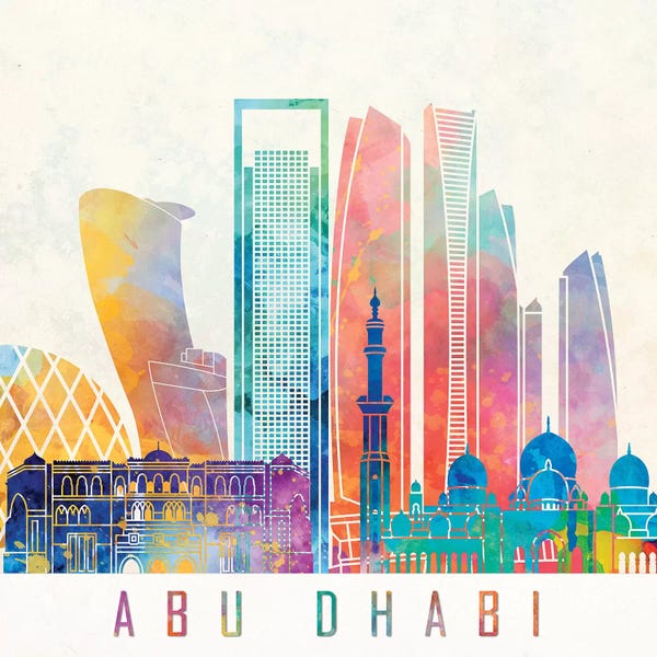 United Arab Emirates: Abu Dhabi Landmarks Watercolor Poster by Paul Rommer