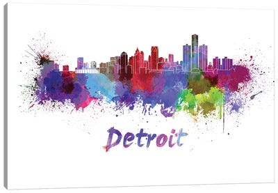 Detroit Skyline In Watercolor Canvas Art Print - Michigan Art