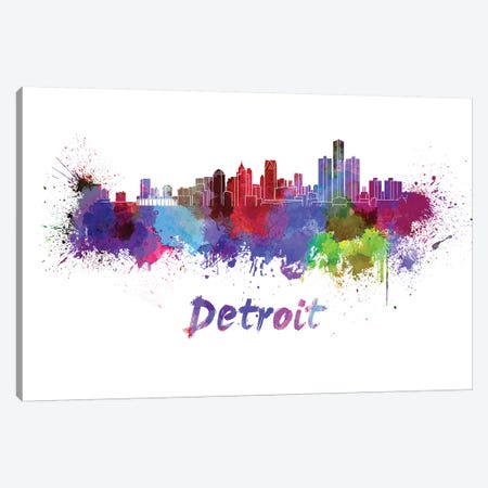 Detroit Skyline In Watercolor Canvas Print #PUR200} by Paul Rommer Canvas Wall Art