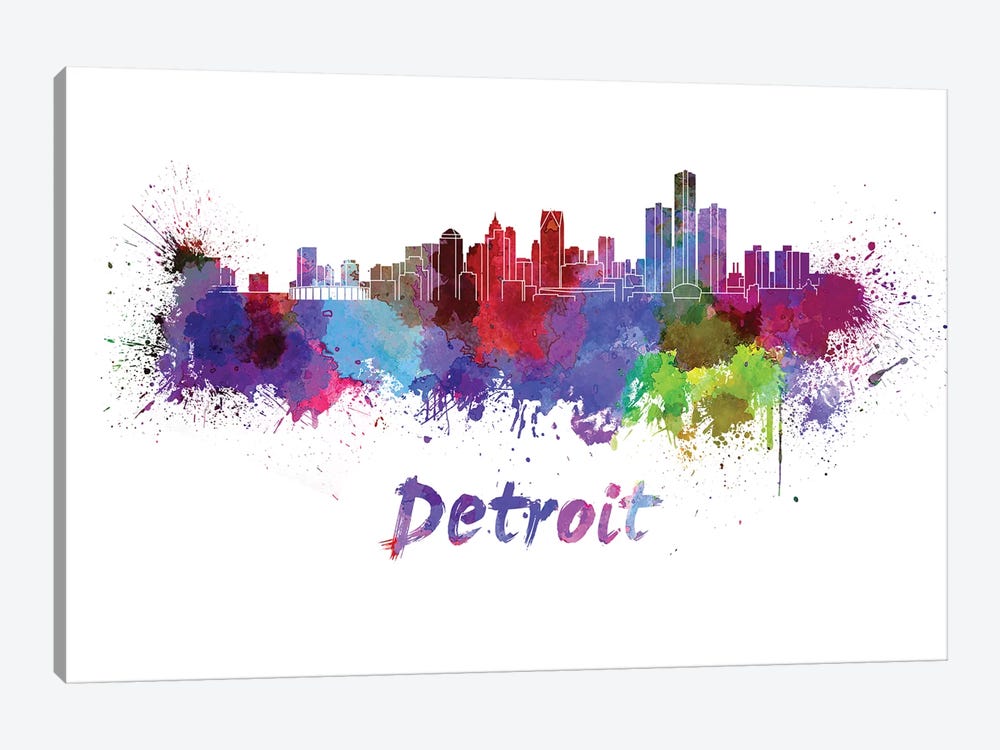 Detroit Skyline In Watercolor by Paul Rommer 1-piece Canvas Wall Art