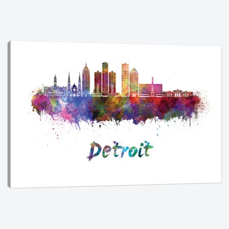Detroit Skyline In Watercolor II Canvas Print #PUR201} by Paul Rommer Canvas Artwork