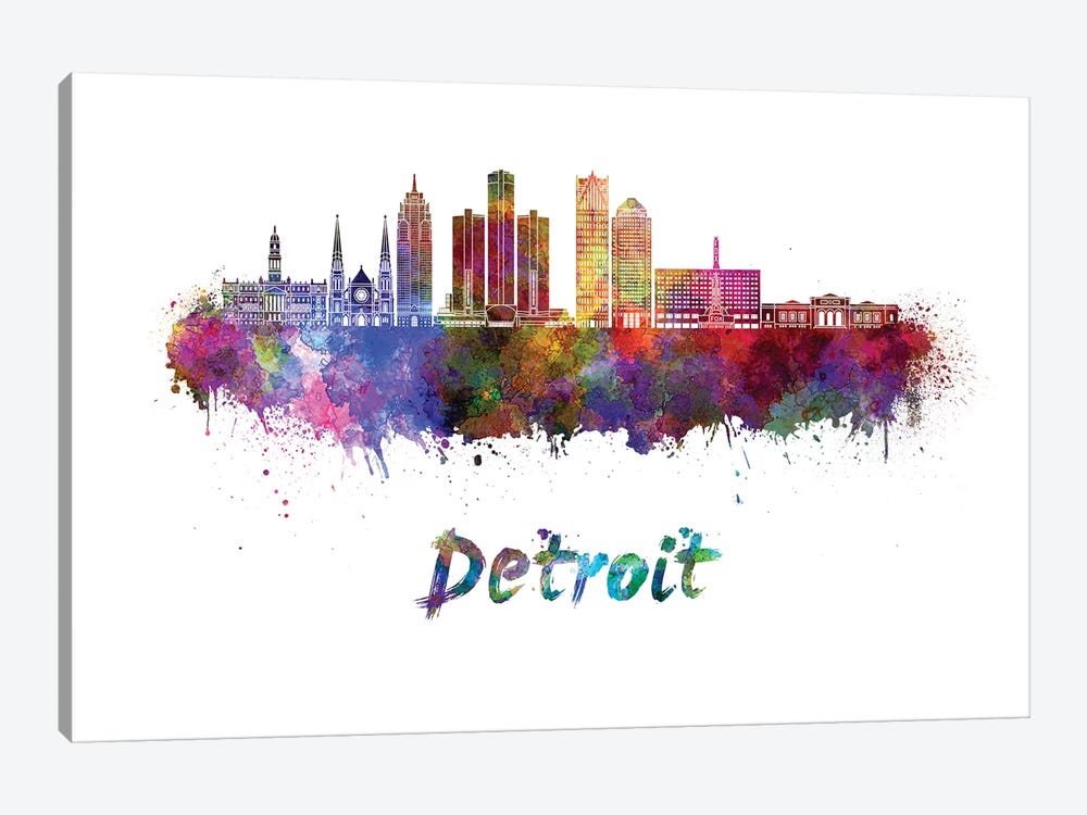 Detroit Skyline In Watercolor II by Paul Rommer 1-piece Canvas Art Print