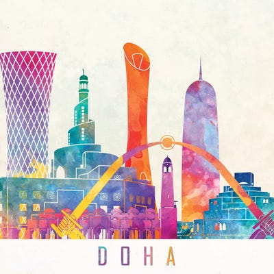 Doha Landmarks Watercolor Poster by Paul Rommer framed canvas print