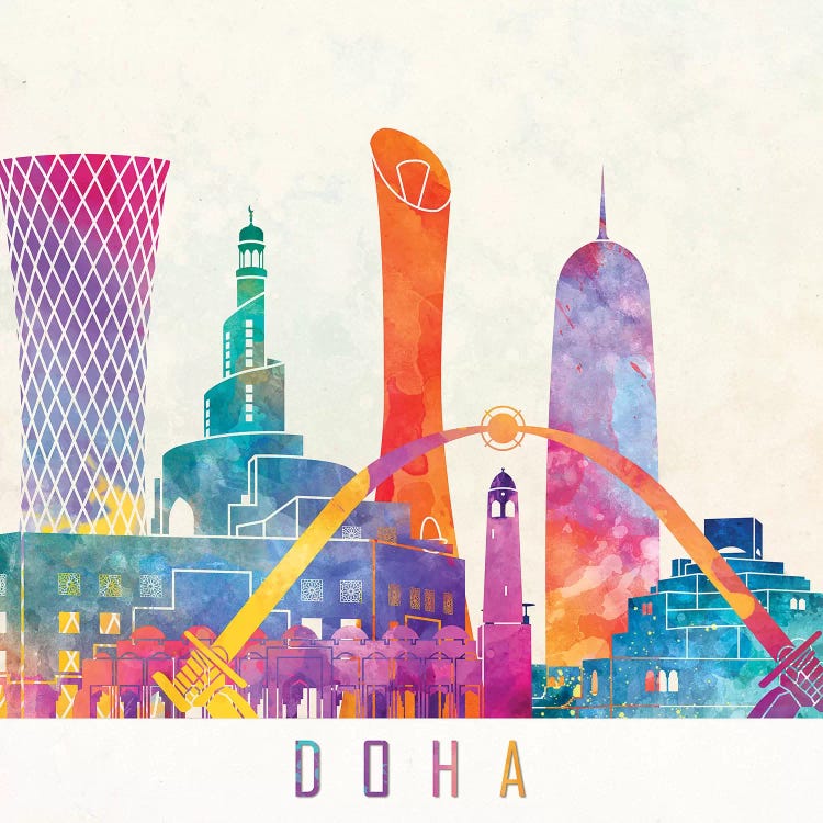 Doha Landmarks Watercolor Poster