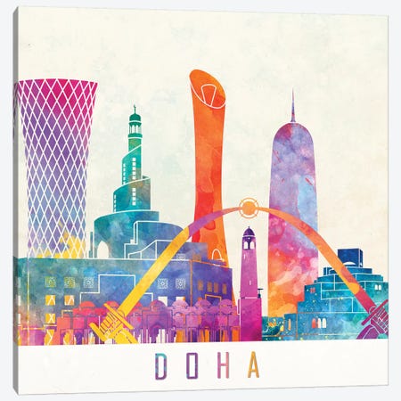 Doha Landmarks Watercolor Poster Canvas Print #PUR207} by Paul Rommer Art Print