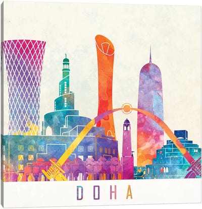 Doha Landmarks Watercolor Poster Canvas Art Print - Qatar