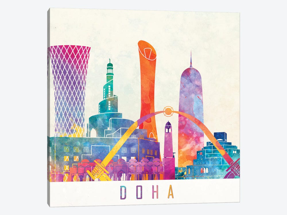 Doha Landmarks Watercolor Poster by Paul Rommer 1-piece Canvas Print