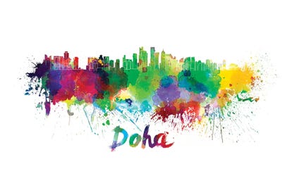 Doha Skyline In Watercolor by Paul Rommer framed canvas print