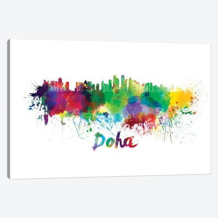 Doha Skyline In Watercolor Canvas Print #PUR208} by Paul Rommer Canvas Wall Art