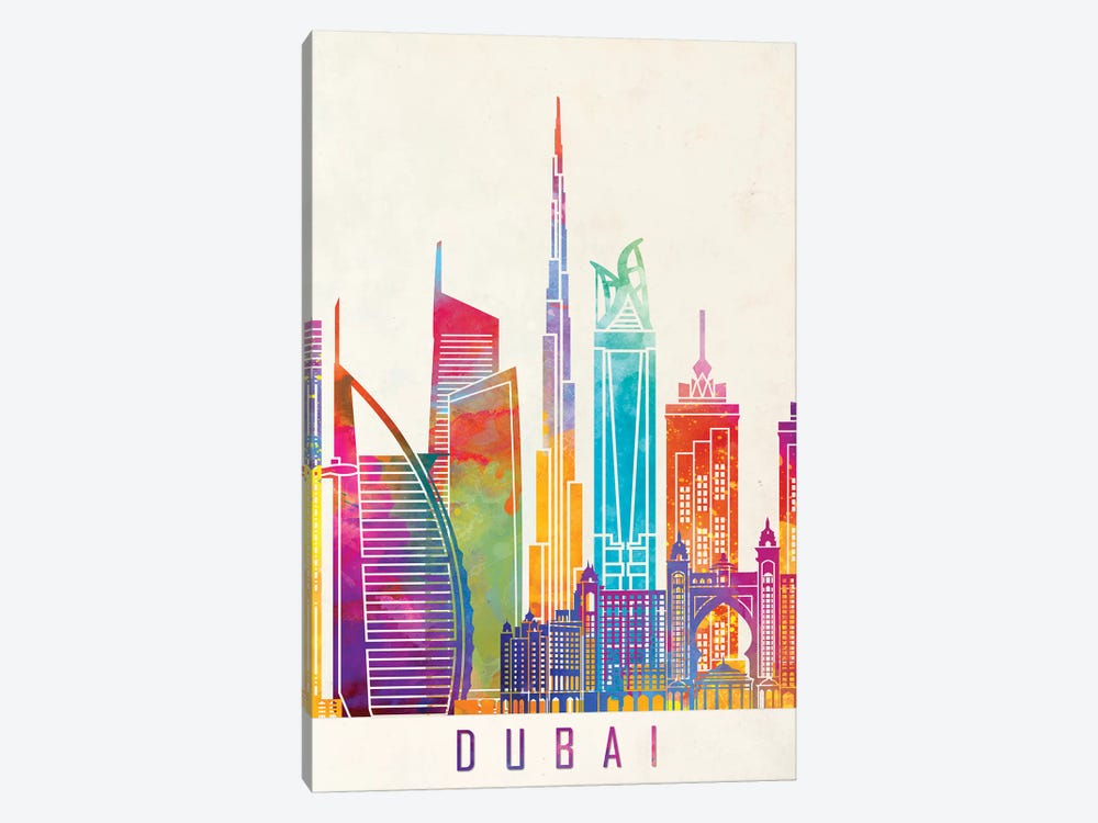 Dubai Landmarks Watercolor Poster by Paul Rommer 1-piece Canvas Art Print