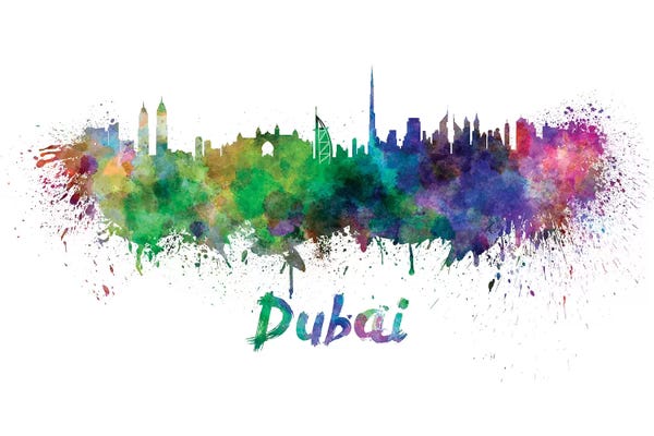 United Arab Emirates: Dubai Skyline In Watercolor by Paul Rommer