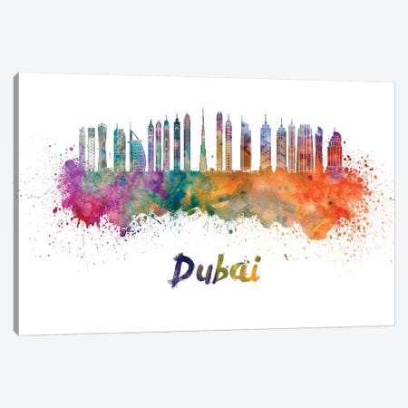 Dubai Skyline In Watercolor II Canvas Print #PUR214} by Paul Rommer Canvas Artwork