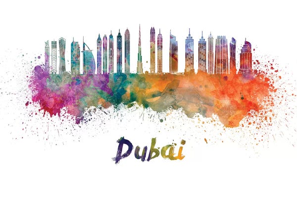 United Arab Emirates: Dubai Skyline In Watercolor II by Paul Rommer