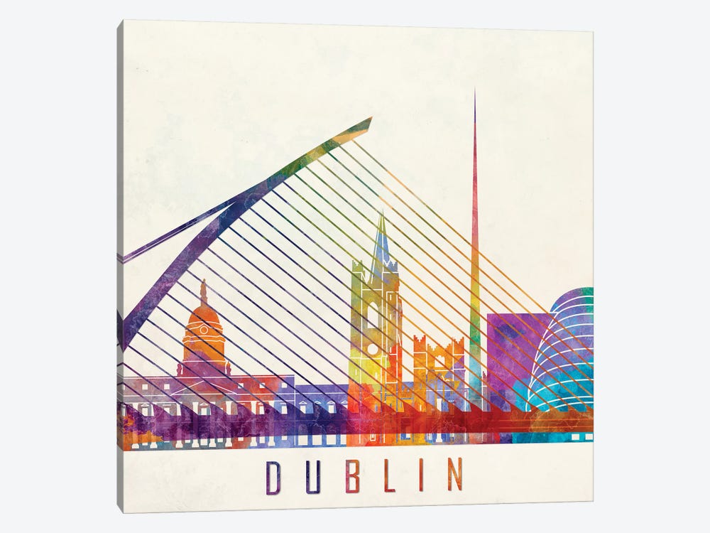 Dublin Landmarks Watercolor Poster by Paul Rommer 1-piece Canvas Artwork