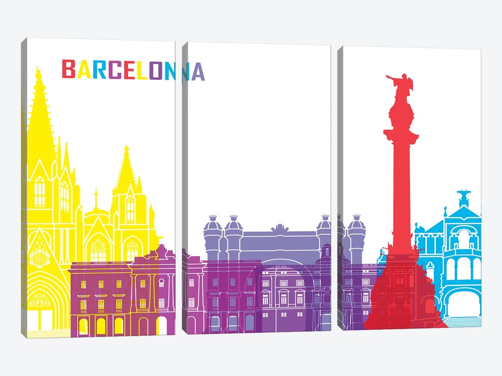 Barcelona Skyline Pop by Paul Rommer 3-piece Canvas Print