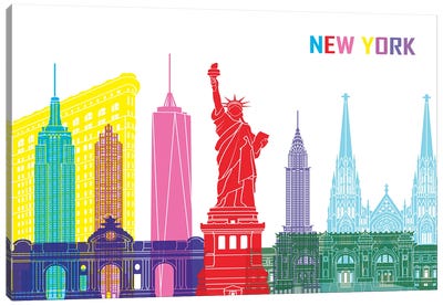 New York Skyline Pop Canvas Art Print - Statue of Liberty Art