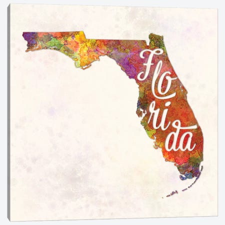 Florida US State In Watercolor Text Cut Out Canvas Print #PUR251} by Paul Rommer Canvas Art Print