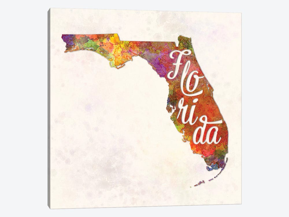 Florida US State In Watercolor Text Cut Out by Paul Rommer 1-piece Canvas Artwork