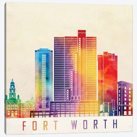 Fort Worth Landmarks Watercolor Poster Canvas Print #PUR254} by Paul Rommer Canvas Artwork