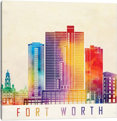 Fort Worth Landmarks Watercolor Poster Canvas Art Print - Fort Worth