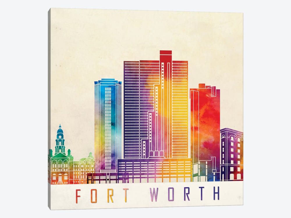 Fort Worth Landmarks Watercolor Poster by Paul Rommer 1-piece Canvas Print