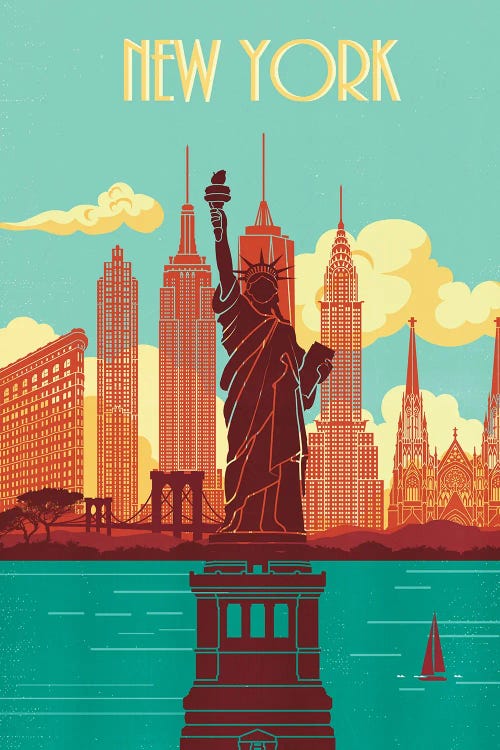New York City, NY - Skyline at Night: Retro Travel Poster Solid-Faced  Canvas Print