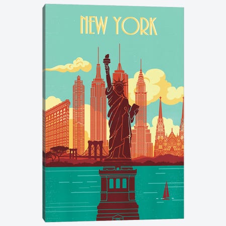 New York Skyline Vintage Poster Travel Canvas Print #PUR2586} by Paul Rommer Canvas Art