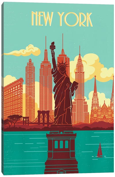 New York Skyline Vintage Poster Travel Canvas Art Print - Famous Monuments & Sculptures