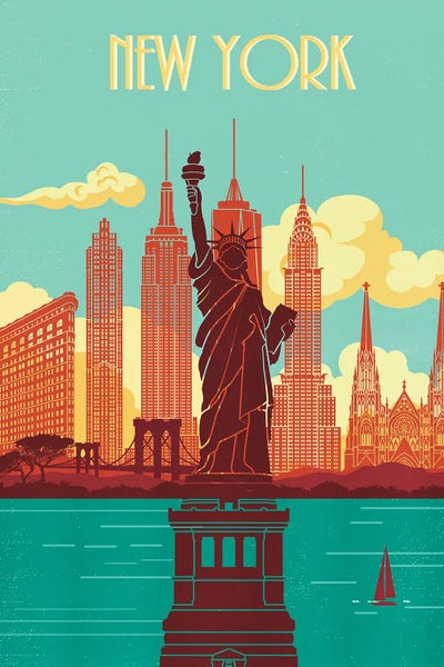 New York City Travel Posters: New York Skyline Vintage Poster Travel by Paul Rommer