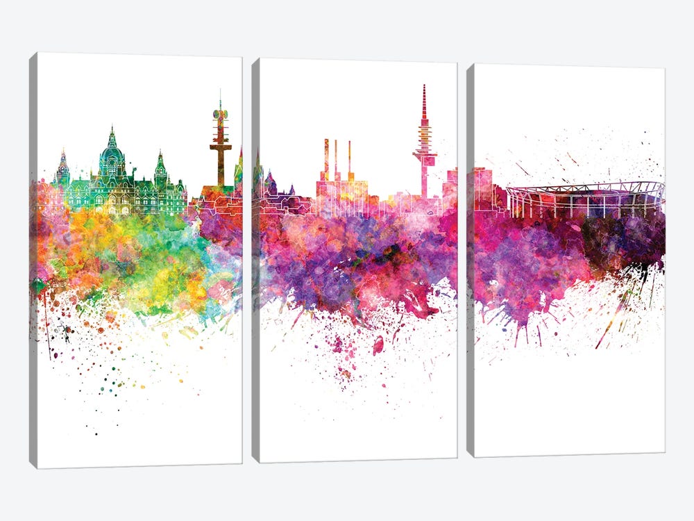 Hannover Skyline In Watercolor V-II by Paul Rommer 3-piece Canvas Wall Art