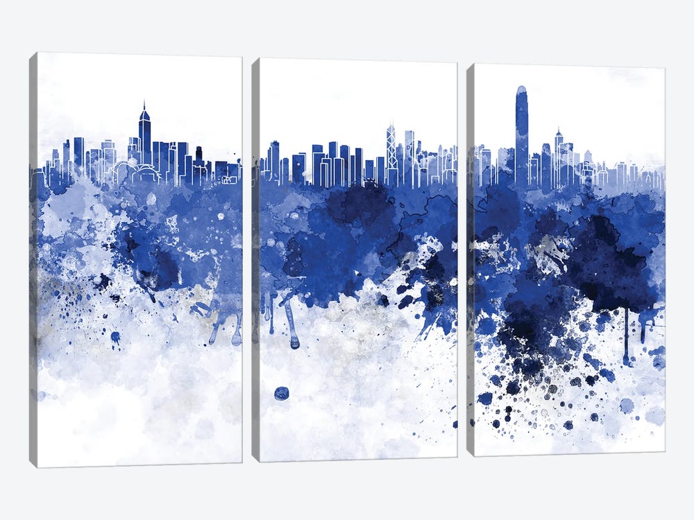 Hong Kong Skyline In Blue by Paul Rommer 3-piece Canvas Wall Art