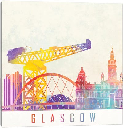 Glasgow Landmarks Watercolor Canvas Art Print - Scotland Art