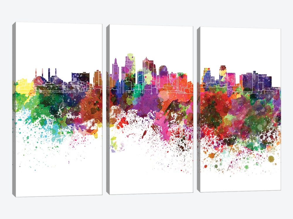 Kansas City Skyline In Watercolor by Paul Rommer 3-piece Canvas Wall Art