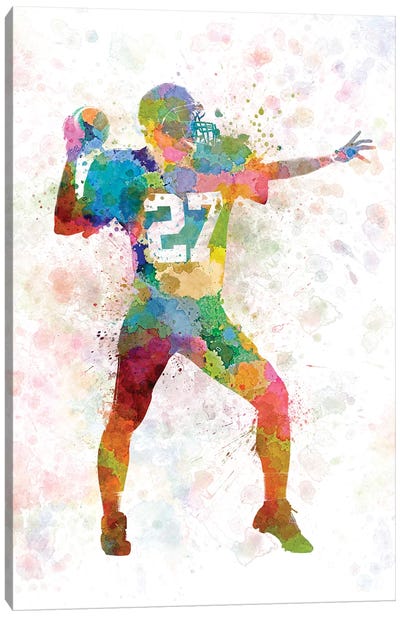 American Football Quarterback Throwing Football Canvas Art Print - Football Art