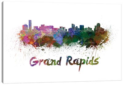 Grand Rapids Skyline In Watercolor Canvas Art Print - Michigan Art