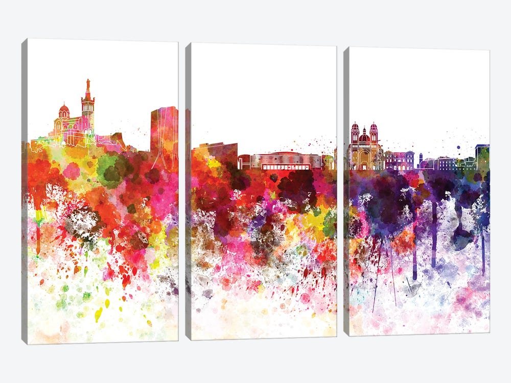 Marseilles Skyline In Watercolor by Paul Rommer 3-piece Canvas Art