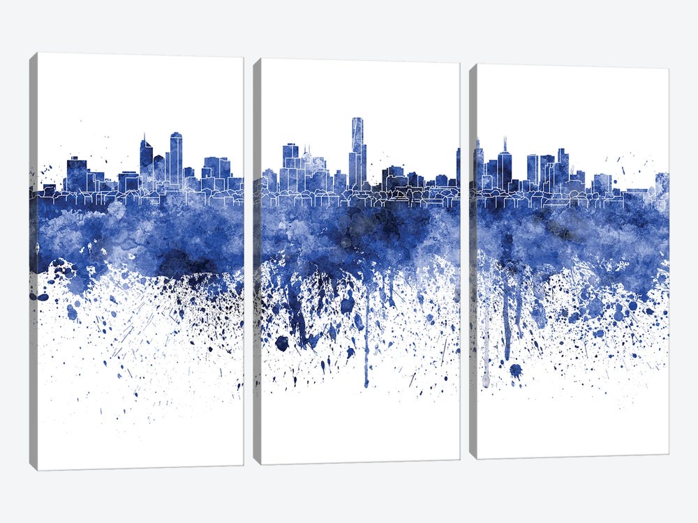 Melbourne Skyline In Watercolor Blue by Paul Rommer 3-piece Canvas Art Print