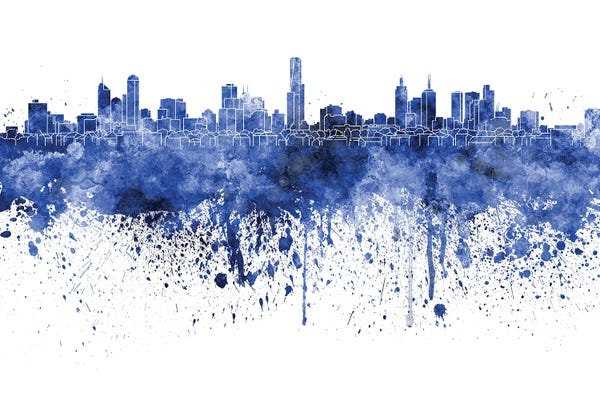 Victoria: Melbourne Skyline In Watercolor Blue by Paul Rommer