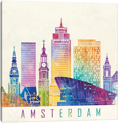 Amsterdam Landmarks Watercolor Poster Canvas Art Print - Amsterdam Art