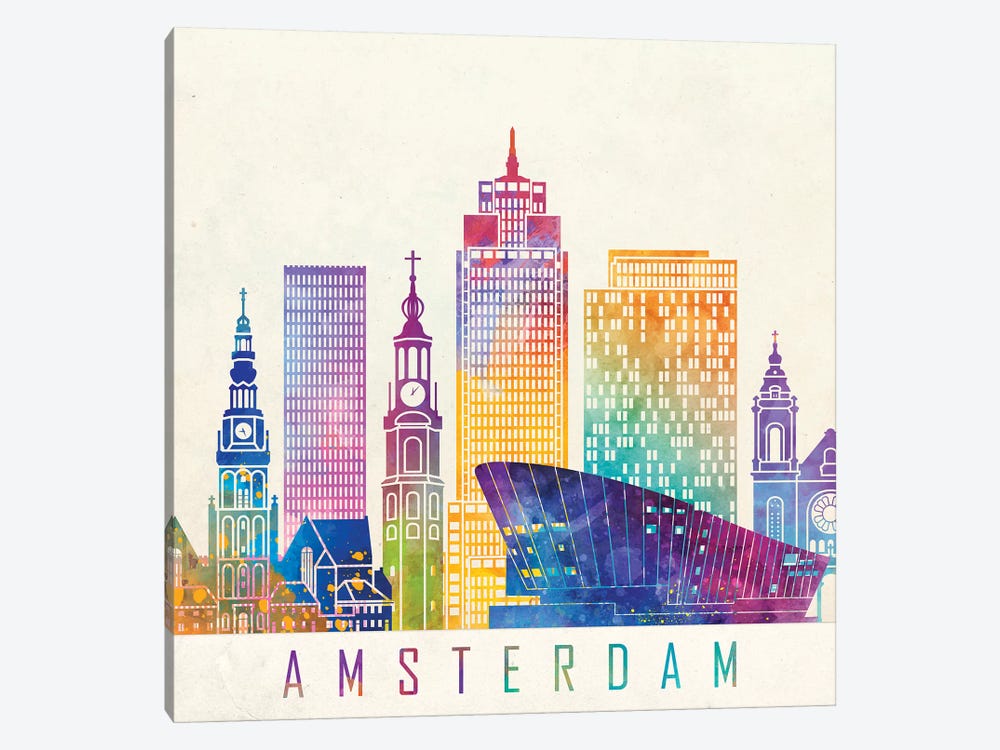 Amsterdam Landmarks Watercolor Poster by Paul Rommer 1-piece Canvas Artwork