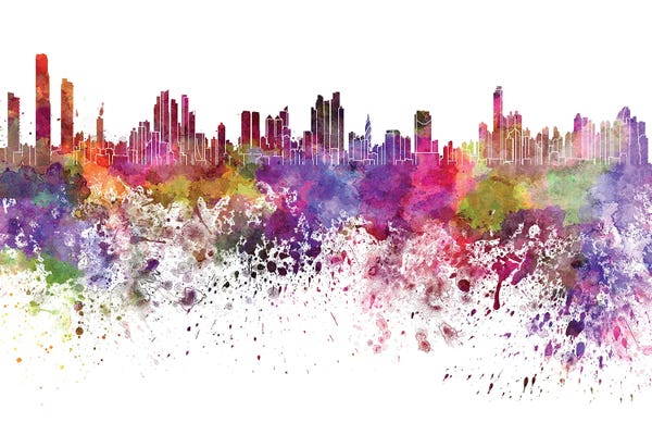 Panama: Panama City Skyline In Watercolor by Paul Rommer