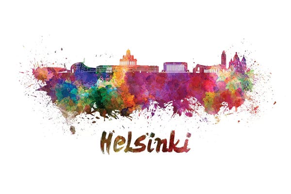 Finland: Helsinki Skyline In Watercolor by Paul Rommer