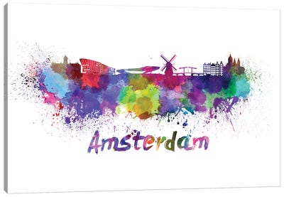 Amsterdam Skyline In Watercolor Canvas Art Print - Amsterdam Art