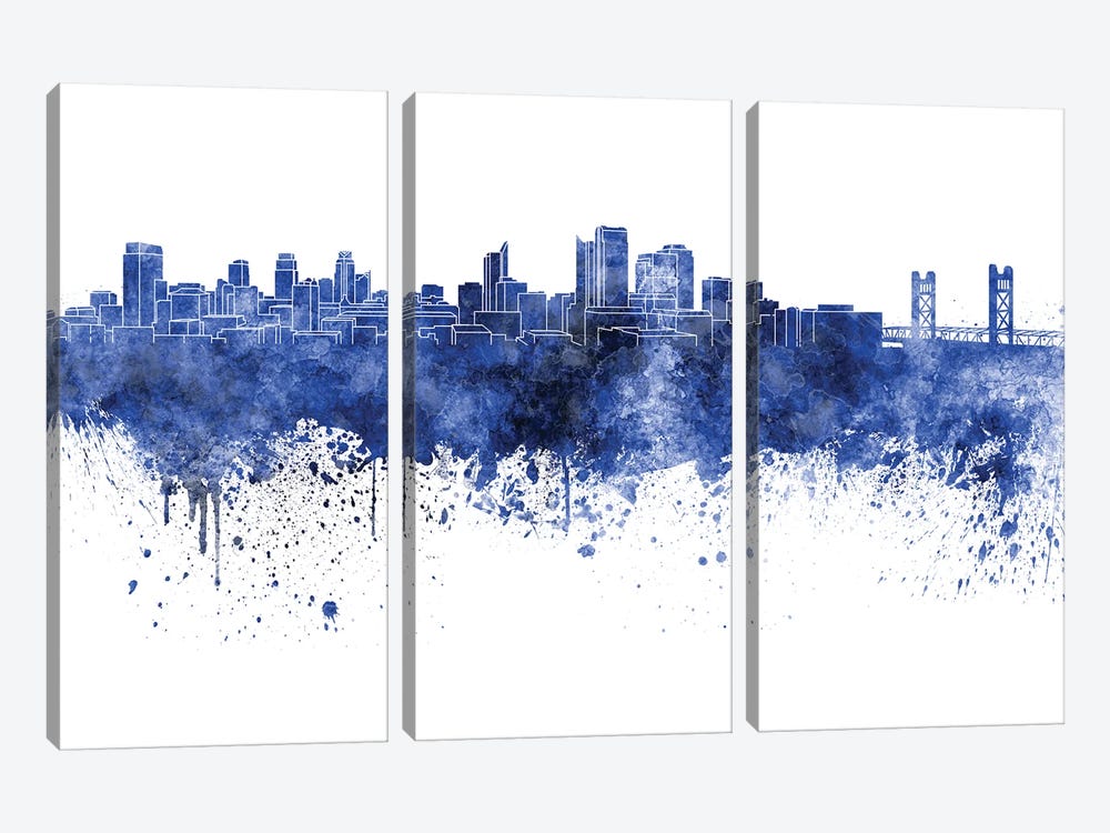 Sacramento Skyline In Blue by Paul Rommer 3-piece Canvas Art