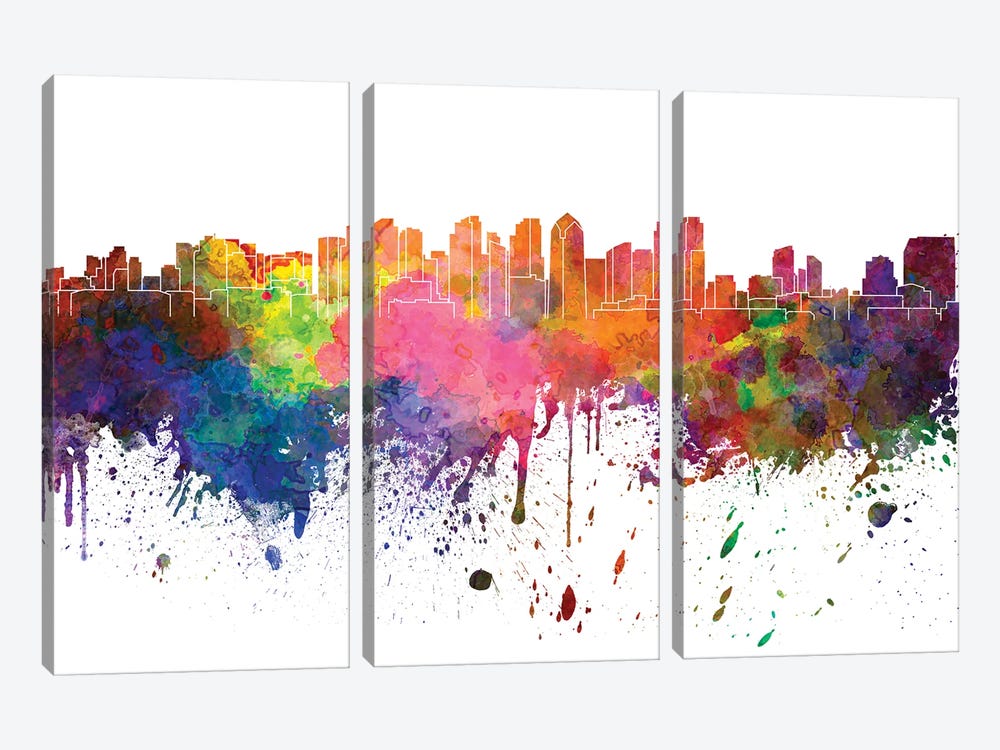 San Diego Skyline In Watercolor by Paul Rommer 3-piece Canvas Print