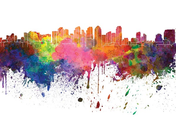 San Diego Skylines: San Diego Skyline In Watercolor by Paul Rommer