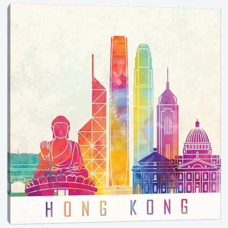 Hong Kong Landmarks Watercolor Poster Canvas Print #PUR340} by Paul Rommer Canvas Art Print