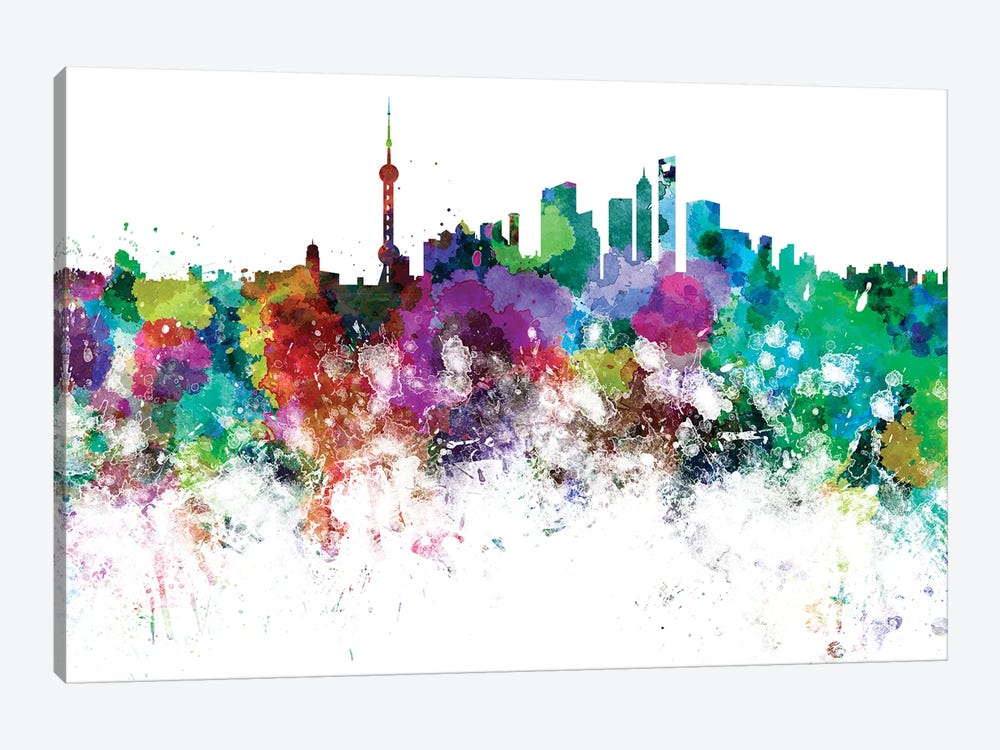 Shanghai Skyline In Watercolor by Paul Rommer 1-piece Canvas Artwork